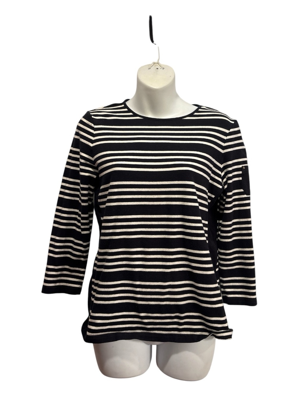 Chaps Black & White Striped 3/4 Sleeve Top. Size medium